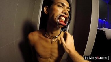 Extreme Asian ladyboy pissing and deepthroat blowjob puking