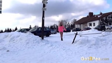 Sexy Babe In Miniskirt Pees In The Snow
