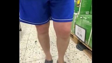 Old man in shorts keeps flashing cock in supermarket with cum